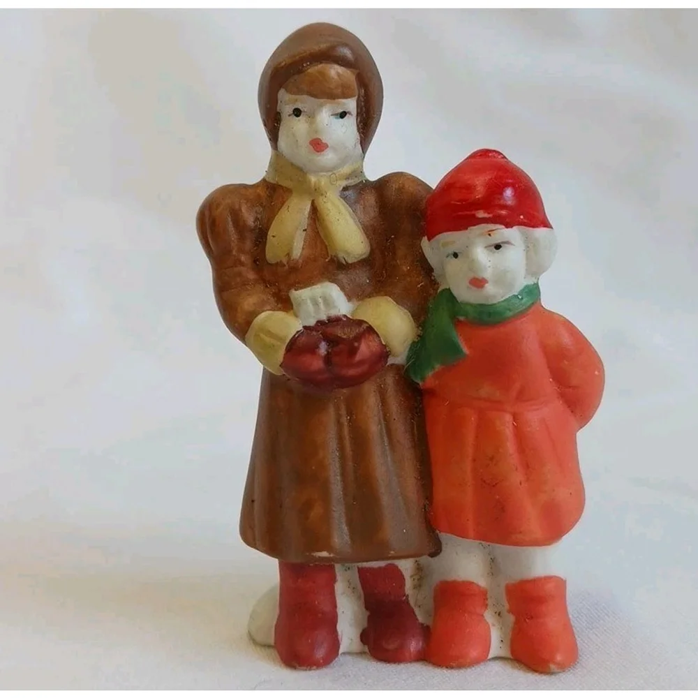 Vintage Christmas Village Lady and Child Figurine 3 Inch